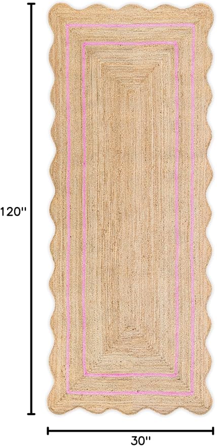 Wave Scalloped Natural Jute Runner Rug, Boho Jute Rug, Entryway Runner Rug, Farmhouse Scallop Rug, Light Pink (2'6" x 10")