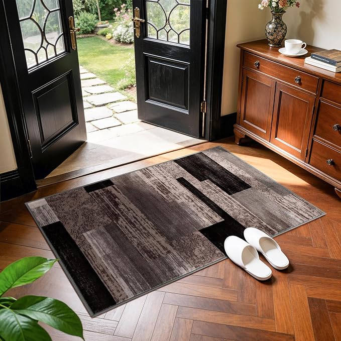 LIANLAM 2x3 Washable Entryway Rug,Non-Slip Indoor Door Mat(2x3,Chocolate) | Non-Slip Door Mat with Vintage Checkered Pattern, Stain & Water Resistant, Low Pile for Front Door,Hall,Kitchen,Bathroom
