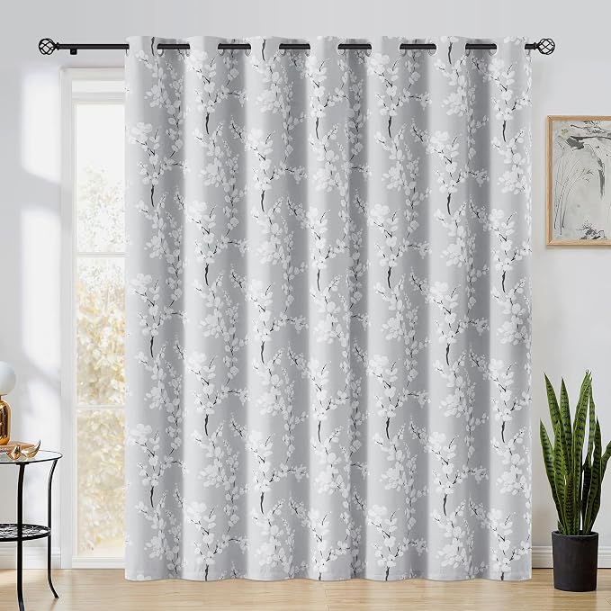 FMFUNCTEX 100% Blackout Grey Floral Curtains 84 Inch Grommet Drapes 1 Panel | Black Out Sliding Glass Door Drapes, Thermal Insulated, Blossom Print Extra 100 Wide Panel for Patio Doors, Room Darkening