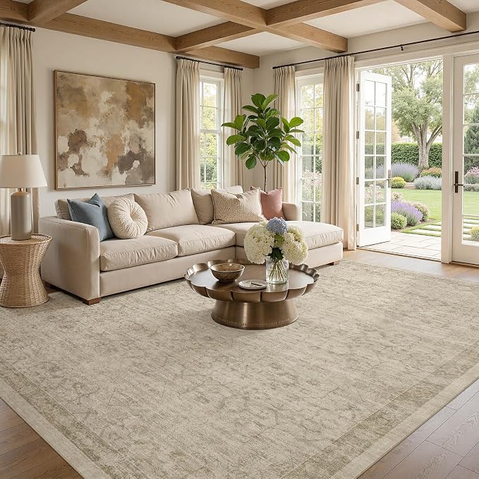 Nakagishi 10X12 Area Rugs Living Room: Washable Large Vintage Rug Neutral Non-Slip Soft Stain Resistant Indoor Carpet for Bedroom Nursery Dining Room Office Playroom - Vintage Brown