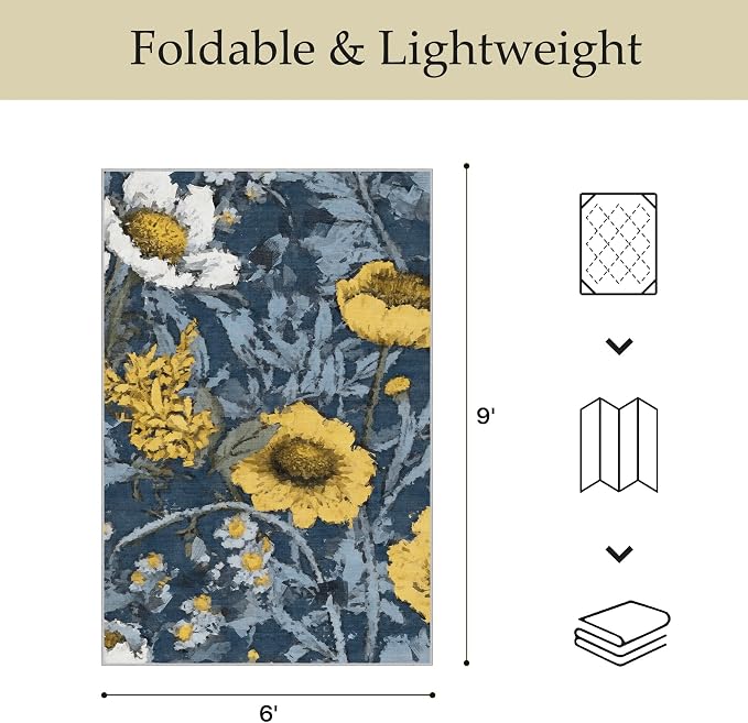 GENIMO 6x9 Outdoor Rug, Washable for Patio and Deck, Navy Yellow | Floral design for dining area; fade resistant chenille with quick-dry non-slip backing for indoor sunroom