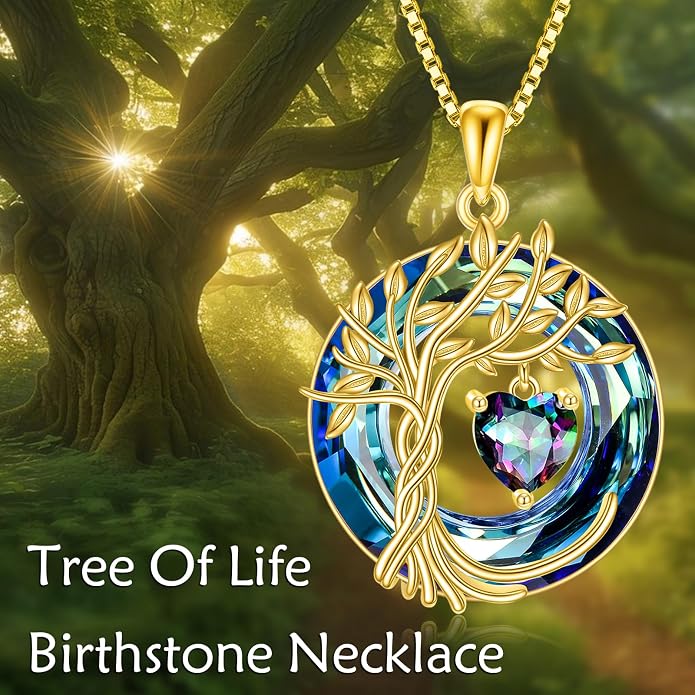 POPLYKE Mothers Day Gifts for Mom Her Wife Tree of Life Necklace 925 Sterling Silver Birthstone Pendant with Crystal Anniversary Birthday Wedding Jewelry for Women