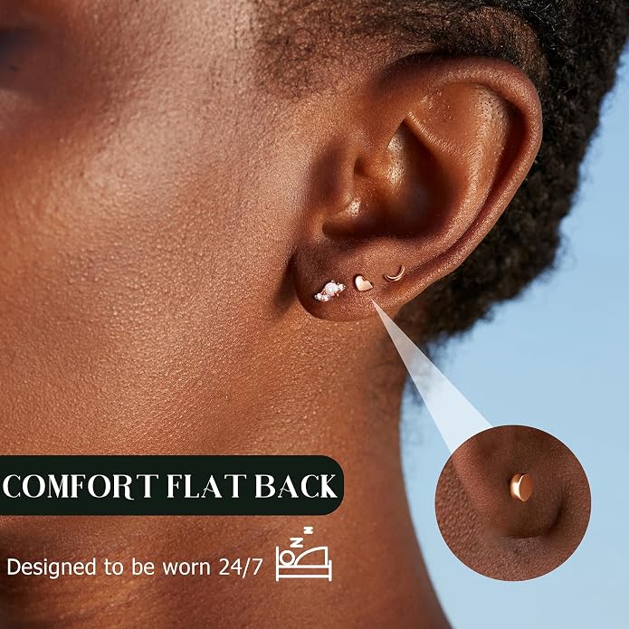14K Gold Plated Solid 925 Sterling Silver Post Flat Back Earrings Stud | Cartilage Helix Conch Tragus Piercing Jewelry 3 Pairs Tiny Screw Dainty CZ Opal Earring Set Men Women