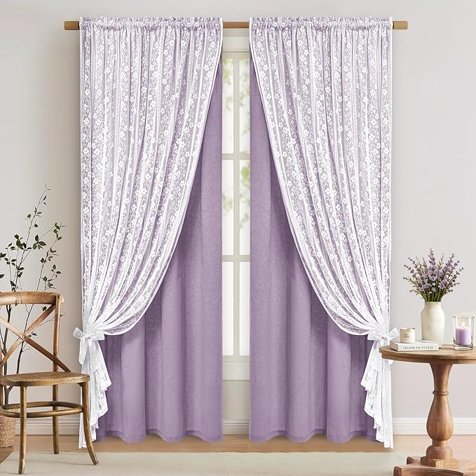 ASPMIZ Linen Curtains for Living Room Double Layer Curtains with Linen Lace, Purple Curtain for Bedroom Light Filtering, Rod Pocket Drapes 63 Inch Length 2 Panels Set with 2 Tiebacks, 52x63