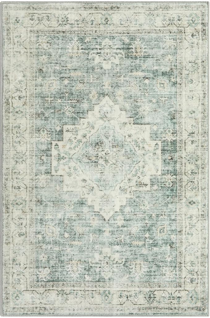 LIVEBOX Washable Rug 2x3 Kitchen Mats for Floor Entryway, Non Slip Front Door Mat for Bathroom Hallway, Boho Low-Pile Small Carpet Farmhouse Throw Indoor Rugs for Bath Sink, Sage Green