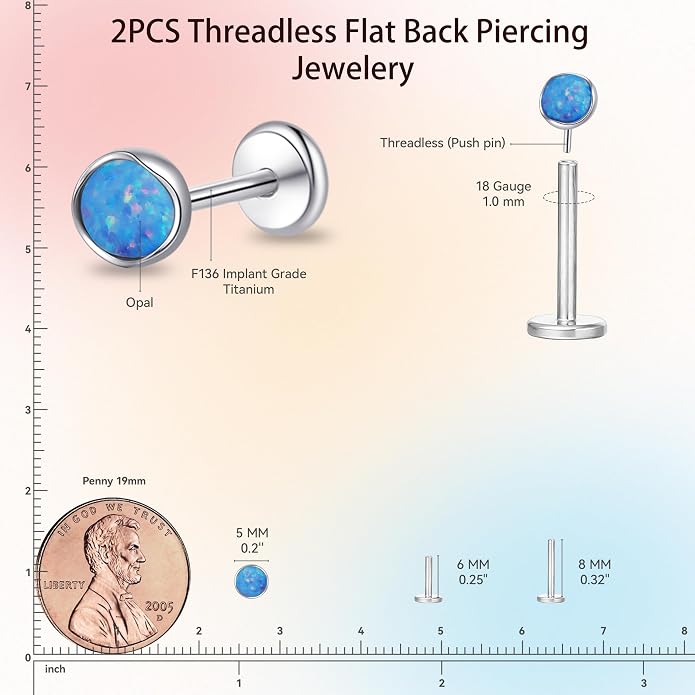 limerencia 18G Hypoallergenic Titanium Opal Threadless Nose Stud Earrings, 2PC Flat Back Push in Stud Earrings Labret Medusa Monroe Helix Cartilage Tragus Conch Piercing Jewelry for Women Men