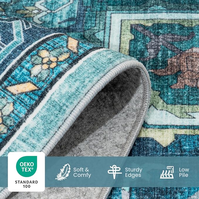 5x7 Turquoise Area Rugs for Living Room - Vintage Teal Green Boho Medallion Aesthetic Distressed Washable Rug, Soft Non-Slip Backing Low Pile Carpet for Office, Lounge, Bedroom Foot of Bed