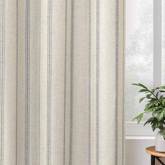 DriftAway Farmhouse Linen Stripe Blackout Curtains, W52xL54, Gray | Blackout, Linen Texture, Stripe Pattern, Rod Pocket & Back Tab, Two Layers, Bedroom Living Room Use, Sound Reducing Design