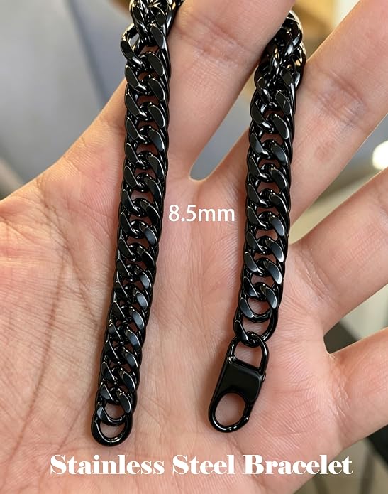 8.5mm Mens Silver Black 316L Diamond-cut Stainless Steel Cuban Link Chain Bracelet for Men, Durable Classic Wrist Jewelry, Gift for Him
