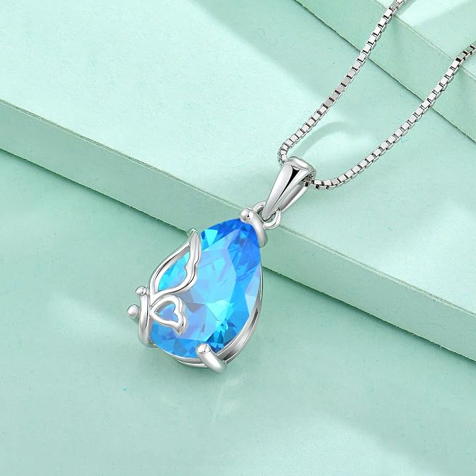 Teardrop Necklace 925 Sterling Silver Butterfly Pendant Necklace Birthstone Jewelry for Women