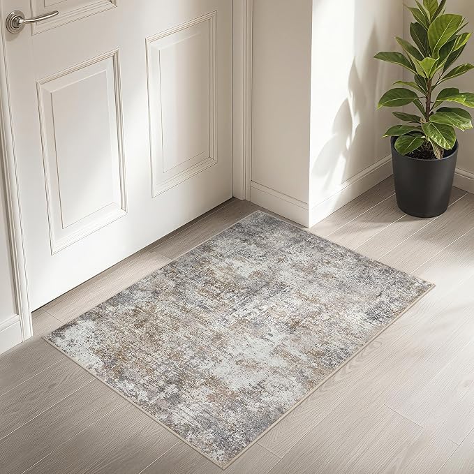 DMOYEST Area Rug Living Room Rugs - 2x3 Washable Soft Neutral Modern Abstract Low Pile Rug Carpet for Bedroom Dining Room Farmhouse Home Office - Brown/Grey/Black