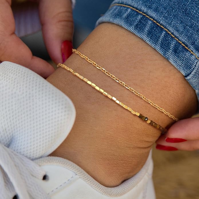 DREMMY STUDIOS Gold Anklet Bracelets for Women 14K Gold Plated Stone Handmade Beaded Link Chain Anklets Jewelry Gift
