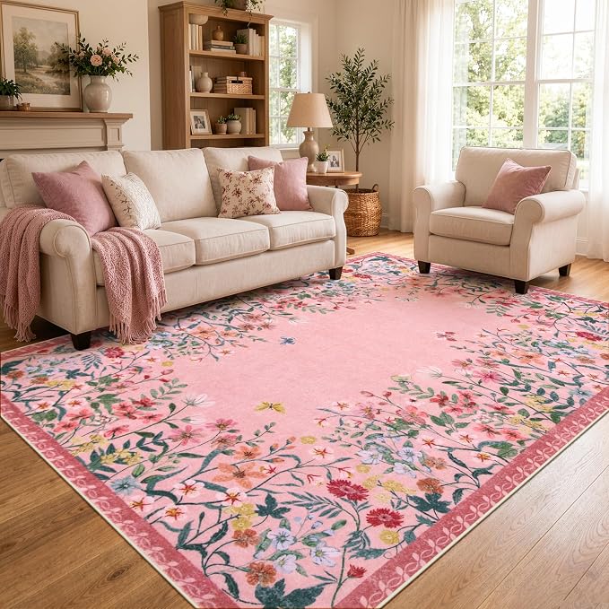 Wonnitar 8x10 Washable Area Rug, Pink Floral Rug for Girls Bedroom, Boho Botanical Large Carpet for Living Room, Non Slip Cute Nursery Rug, Farmhouse Kids Playroom Decor (8x10 Pink)