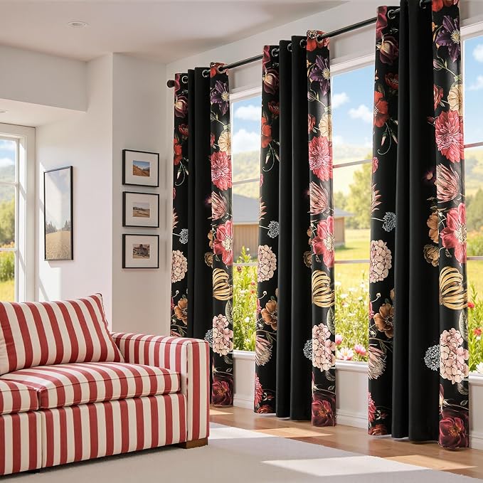 jinchan Black Floral Blackout Curtains 96 Inch Vintage Grommet 2 Panels | Room darkening, privacy, vibrant flower print, retro boho bohemian drapes, bedroom, living room, fall decor, window treatment