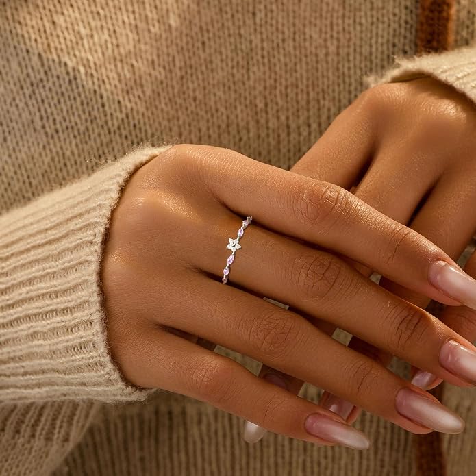 SUYACS 925 Sterling Silver Flower Rings with 6 Marquise Cut Pink Birthstone for Women Gold Plated Cute Opal Floral Small Stackable Ring Mother Daughter Statement Ring Jewelry Birthday Gifts