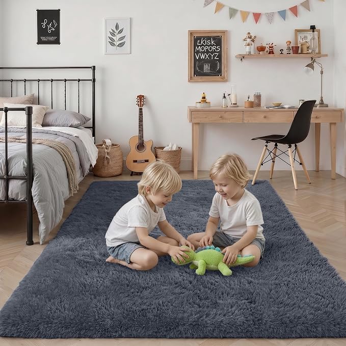 Fluffy 5x7 Area Rugs for Living Room Bedroom: Ultra Soft Shag Rug Non-Slip Non-Shedding Small Plush Bedside Rug Indoor Floor Carpets for Kids Room Playroom Entryway Nursery Dorms Home Decor Grey