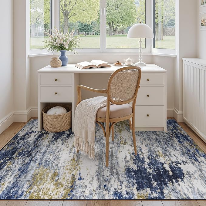 Lofus 5x7 Area Rug for Living Room, Abstract Rugs with Non-Slip Backing, Neutral Modern Washable Carpet for Bedroom Dining Room Home Office Nursery Indoor, Dark Blue/Brown