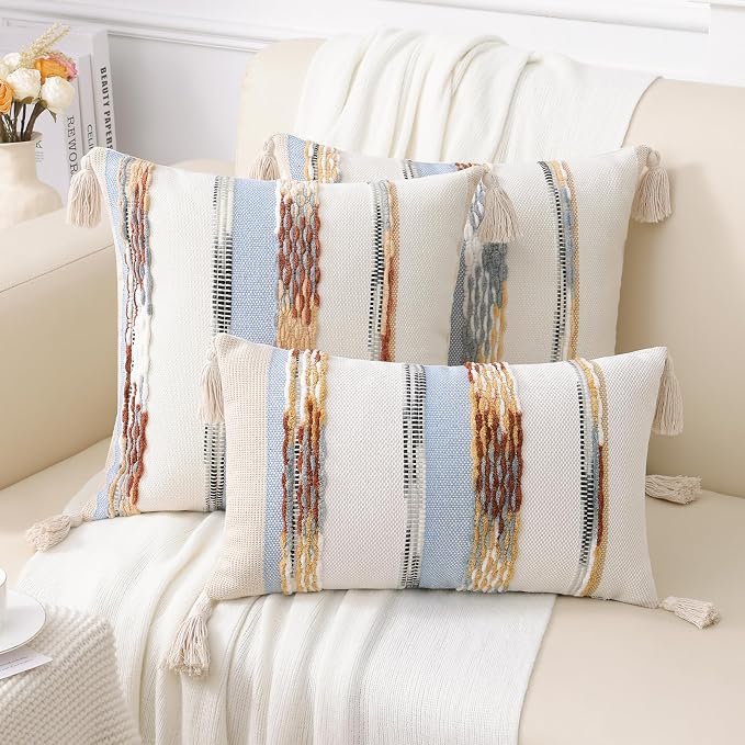 Simmore Boho Decorative Throw Pillow Covers 12x20 Set of 2, Tufted Farmhouse Pillow Covers with Tassels for Cozy Bohemian Couch Sofa Bedroom Home Decor, Blue | Tufted Accent Modern Farmhouse Neutral Pillow Covers with Tassels for Cozy Bohemian Couch So...