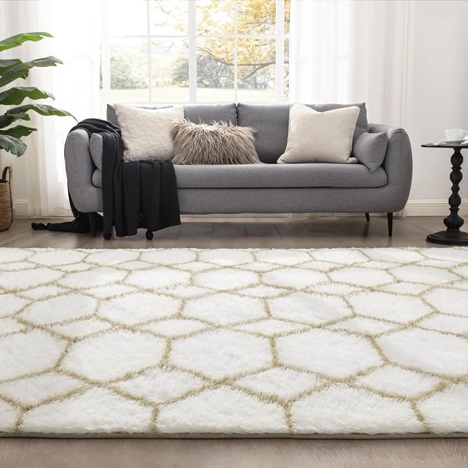 Fluffy Rug for Bedroom, Soft 4x6 White Shag Plush Geometric Area Rugs | Modern White and Beige Rug, Non Slip Carpet for Living Room, Aesthetic Home Decor, Fuzzy Floor Mat for Nursery Teen Dorm