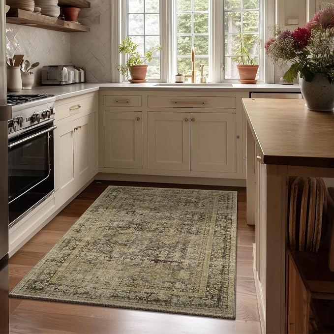 Washable 3x5 Entryway Rug, Boho Vintage Non-Slip Door Mat, Dark Green | 0.3" Neutral Throw Small Rugs for Bedroom Kitchen Nursery Entrance, Cushioned for High-traffic Area