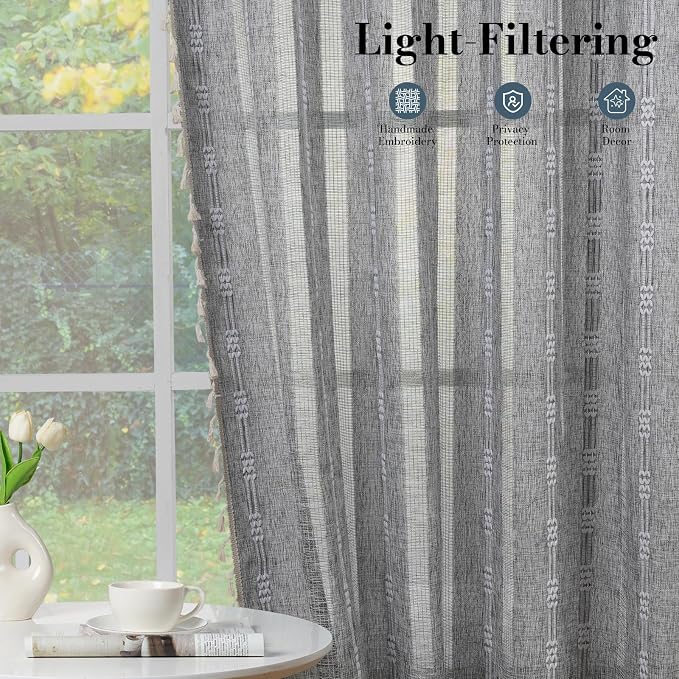 ColorBird Boho Curtains Linen-Textured for Bedroom Living Room Light Filtering 84 Inches Grey Farmhouse Curtains & Drapes Embroidered Striped for Closet Dining Dooraway Window Treatment