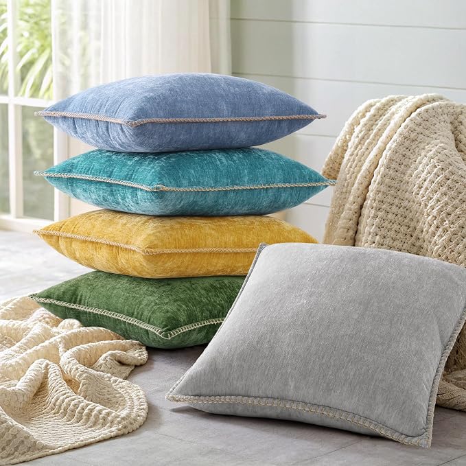 decorUhome Soft Chenille Throw Pillow Covers 16x16 Set of 2 Forest Green | Fall Textured Decorative Throw Pillow Cases Stitched Edge Modern Farmhouse Luxury Boho Velvet for Couch Sofa Bed Home Decor