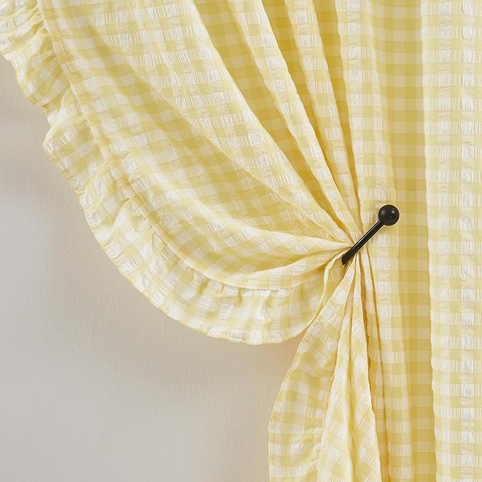ZJDECOR Yellow White Buffalo Plaid Ruffle Curtains 63 Inche,Rod Pocket | Woven Crinkled Not-See-Through Sheer Drapes,Rustic Shabby Chic Window Treatment,Bedroom Living Room,40"Wx63"L,Pack of 2