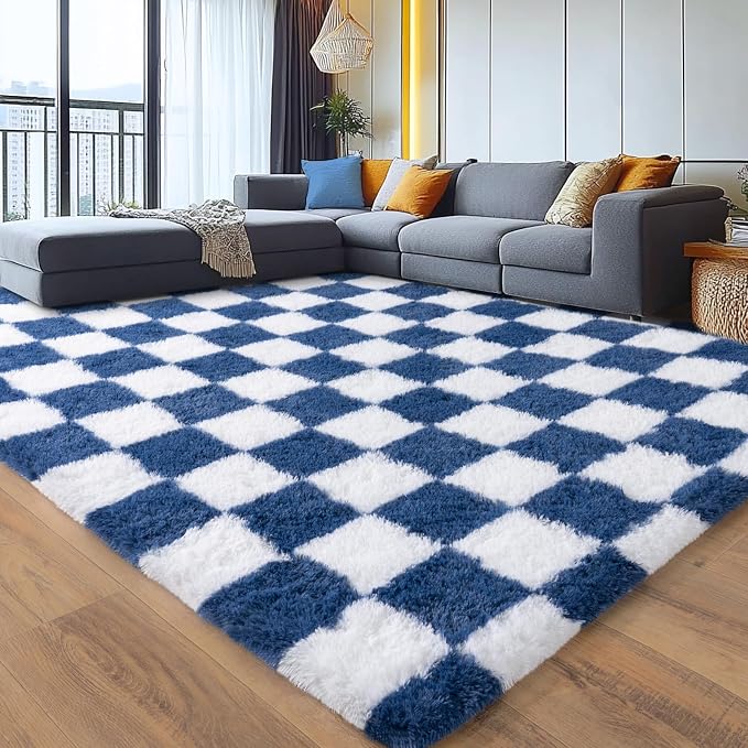 9x12 Area Rugs for Living Room Bedroom, Large Shag Fluffy Rug | Checkered Shaggy Shag Rug, Soft and Comfy, Non Slip Big Fuzzy Carpet for Bedroom Nursery Kids Girls Boys Room Dorm Home Decor