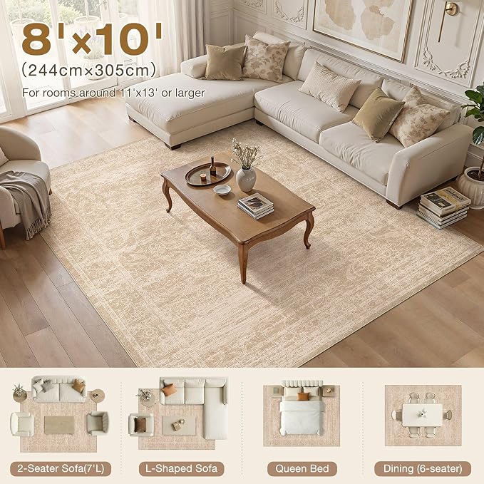 Nakagishi 8X10 Area Rugs Living Room:Washable Large Vintage Rug Neutral Non-Slip Soft Stain Resistant Indoor Carpet for Bedroom Nursery Dining Room Office Playroom