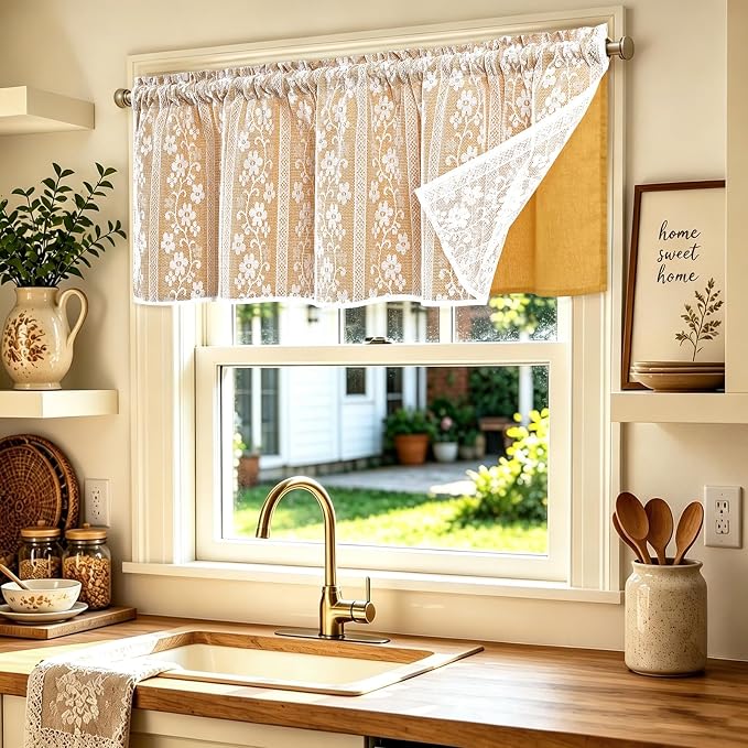 ASPMIZ Linen Valances for Windows Double Layer Valance Curtains with Lace Overlay, Mustard Yellow Kitchen Curtains Light Filtering, Rod Pocket Window Valances for Living Room, Kitchen, Cafe, 52x18