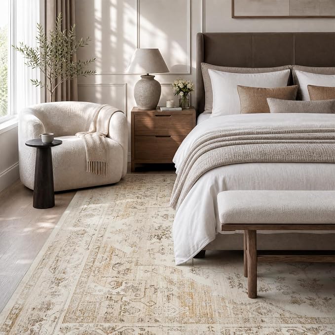 AMOAMI-Area Rug 9X12 Rugs for Living Room-Vintage Soft Beige Rugs for Bedroom-Non Slip Carpet-Washable Rug for Dining Room Living Room Bedroom Office Under Table