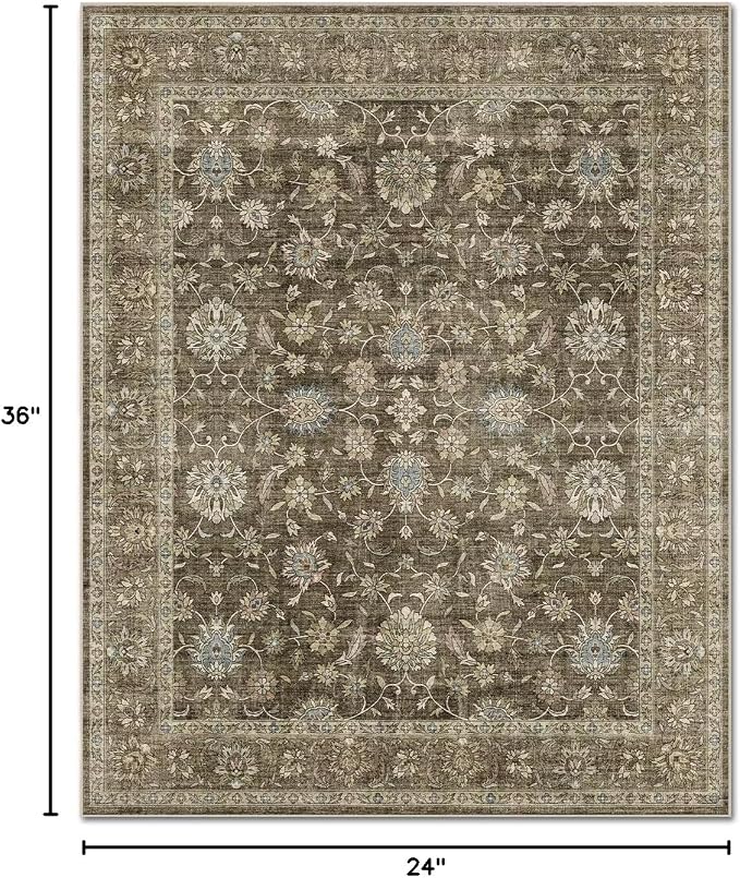 Washable 2x3 Entryway Rug, Boho Vintage Non-Slip Door Mat, Tan/Flaxen | 0.3" Neutral Throw Small Rugs for Bedroom Kitchen Nursery Entrance, Cushioned for High-traffic Area