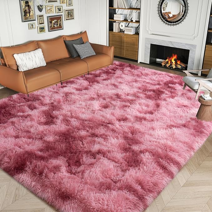 Dssimo 8x10 Area Rugs for Living Room, Pink Tie-Dyed Plush Fluffy Carpet | Upgrade Non-Slip Thick Large Rose Shag Rugs for Nursery Kids Room Dorm Room Home Decor, Indoor Plush Floor Carpet