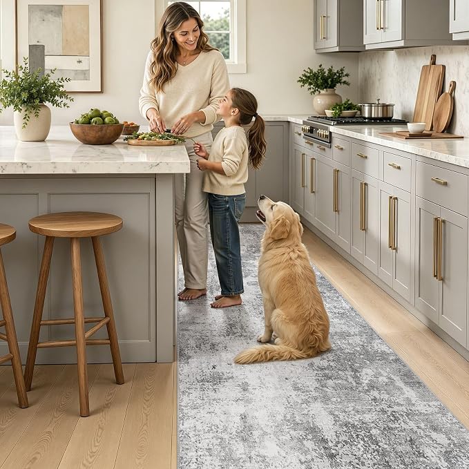 Washable Runner Rug 3x8, Non Slip Neutral Area Rug for Hallway | Modern Abstract Carpet, Stain Resistant and Kid & Pet Friendly, Made for Kitchen, Bedroom, Entryway, Laundry, Kitchen - Gray