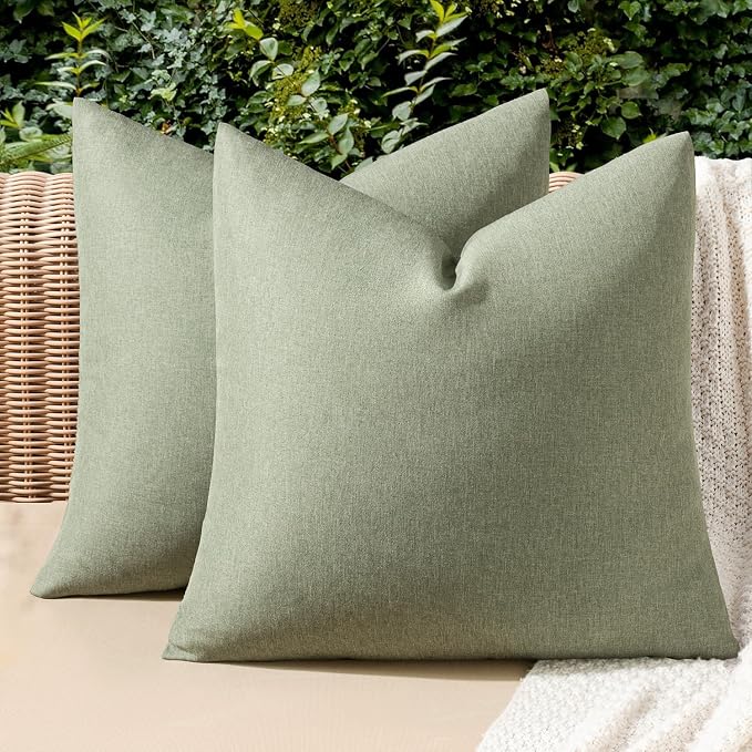 MIULEE Pack of 2 Decorative Outdoor Solid Waterproof Throw Pillow Covers Spring Faux Linen Garden Farmhouse Cushion Cases for Patio Tent Balcony Couch Sofa 18x18 Inch Gray Green