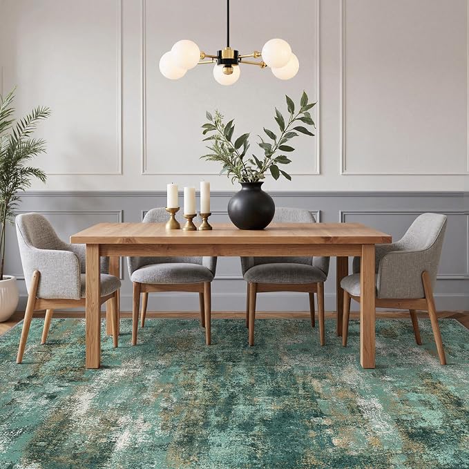 GENIMO Area Rug 8x10 Washable Large Modern Rug Abstract, Low Pile Lightweight Soft Carpet Non Slip for Living Room, Bedroom, Dining Room, Teal Blue Green Orange Turquoise Colorful Rugs
