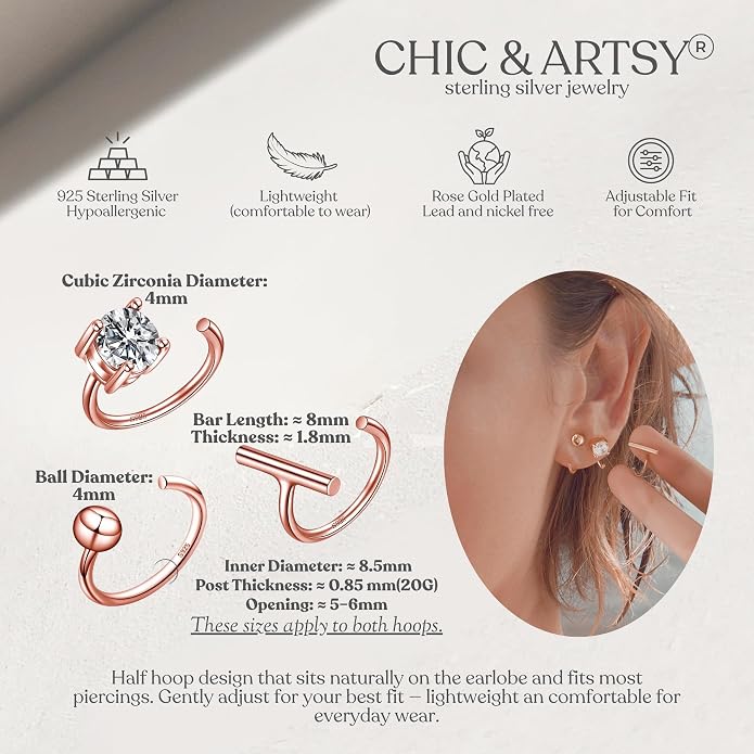 CHIC & ARTSY 925 Sterling Silver Half Hoop Earrings for Women, Small Huggie Hoops Set with Ball Bar Star Moon Cross & Pearl, Lightweight Comfort Fit Everyday & Sleep Earrings