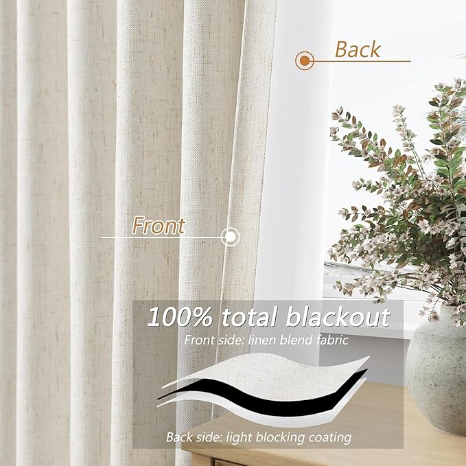 Guken 100% Blackout Linen Short Curtains for Bedroom 45 Inches Long Natural Cream Black Out Curtain Back Tab Thermal Insulated Room Darkening Window Drapes for Living Room 2 Panels Beige Ivory 40x45