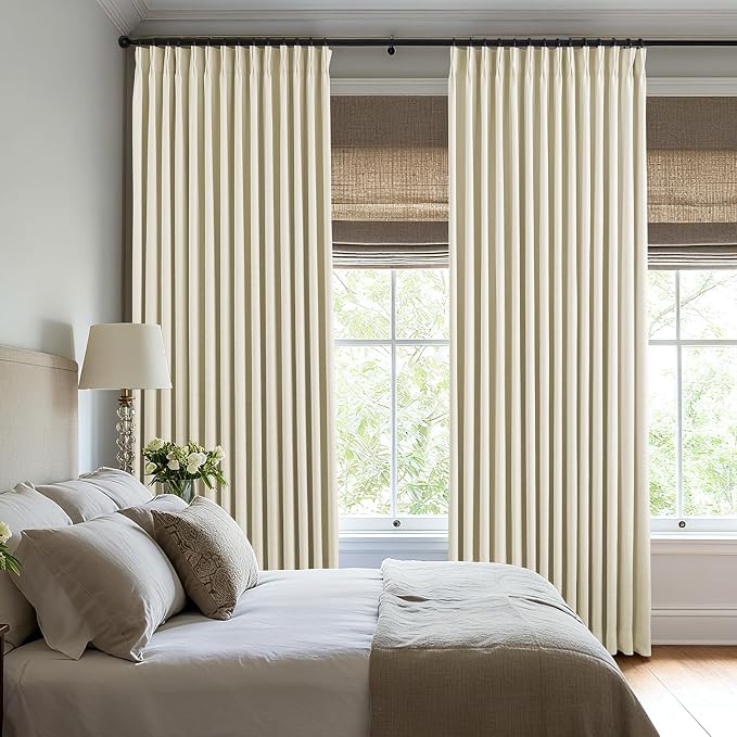 Pinch Pleated Curtains 100% Blackout Linen Curtains 102 Inches Long for Bedroom Living Room, Creamy Beige Memory Trained Thermal Insulated Room Darkening Window Drapes with Hooks 2 Panels 40"Wx102"L