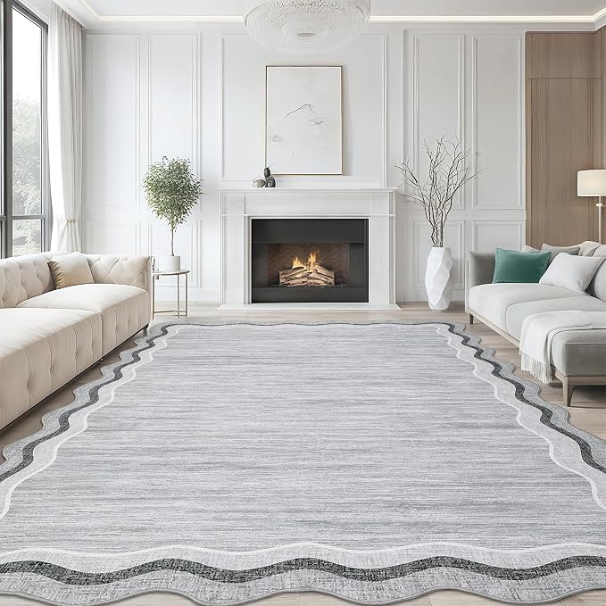 Garvee Scalloped 8x10 Rugs Washable Area Rugs for Living Room,Modern Stain Resistant Solid Rug for Bedroom, Scalloped Low Pile Non-Slip Neutral Rug for Farmhouse Dining Room Home Office Dorm,Grey | Rugs for Living Room, Non-Slip Soft Carpet for Bedroom...