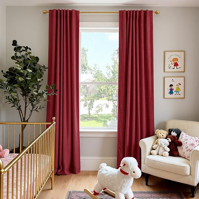 INOVADAY 100% Blackout Curtains 90 Inches Length 2 Panels Set, Back Tab/Rod Pocket Linen Black Out Curtains for Bedroom, Thermal Insulated Window Drapes - Ruby Red, W50 X L90