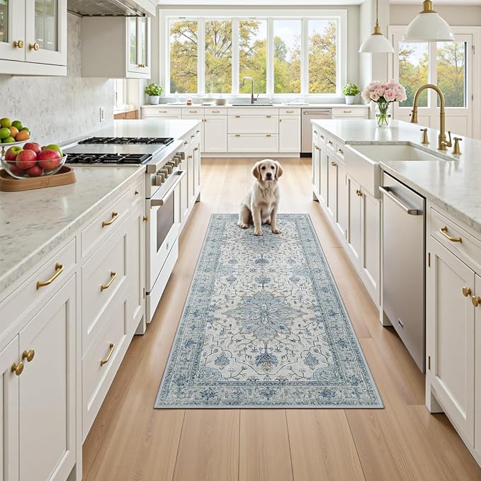 RELEANY Area Rugs Runner 3'x7' Washable Non-Slip, Floral Vintage Distress Medallion Carpet for Kitchen Hallway Bedroom Beside Laundry Room Bathroom, Light Blue Navy Gray White
