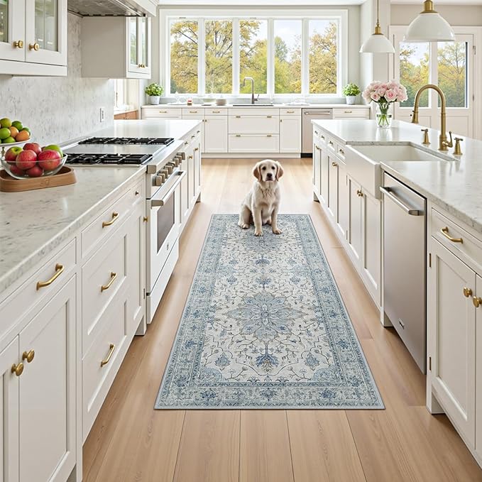 RELEANY Area Rugs Runner 3'x6' Washable Non-Slip, Floral Vintage Distress Medallion Carpet for Kitchen Hallway Bedroom Beside Laundry Room Bathroom, Light Blue Navy Gray White