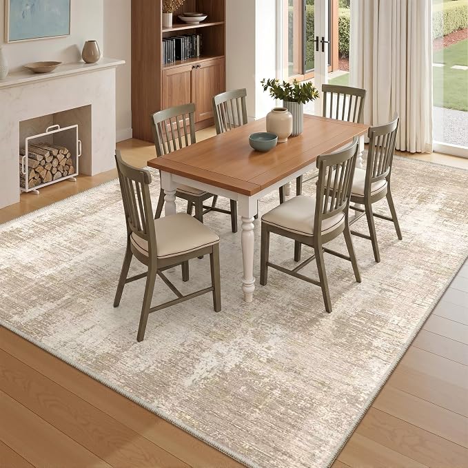 Valenrug Washable Rugs 5x7 - Stain Resistant 5x7 Area Rugs for Living Room, Non Slip Backing Abstract Rugs for Bedroom, Folable Machine Washable Area Rug(5'x7', Beige)