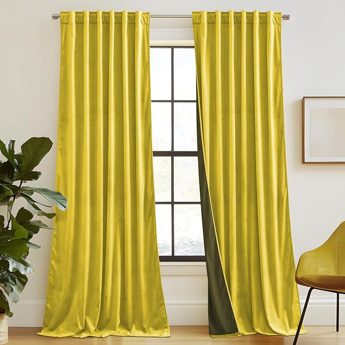 RYB HOME Chartreuse Yellow Velvet Curtains for Bedroom Living Room, Thermal Insulated Privacy UV Heat Blocking Luxurious Soft Rod Pocket Back Tab Drapes for Nursery, 52" W x 96" L, 2 Panels