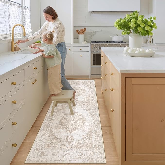 Area Rug 2x8 Runner Rug: Washable Vintage Hallway Rugs Indoor Medallion Rug Low Pile Distressed Floor Carpet Retro Accent Rugs for Kitchen Bedroom Bathroom Dining Room(Beige, 2'x8')