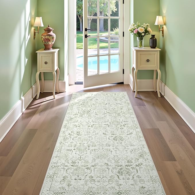 Sage 2x10 Runner Rug for Hallways Bed Side Kitchen, Boho Washable Distressed Low-Pile Floor Entryway Long Bathroom Mat, Non-Slip Laundry Room Washstand Front Carpet Green 24x120 Inch