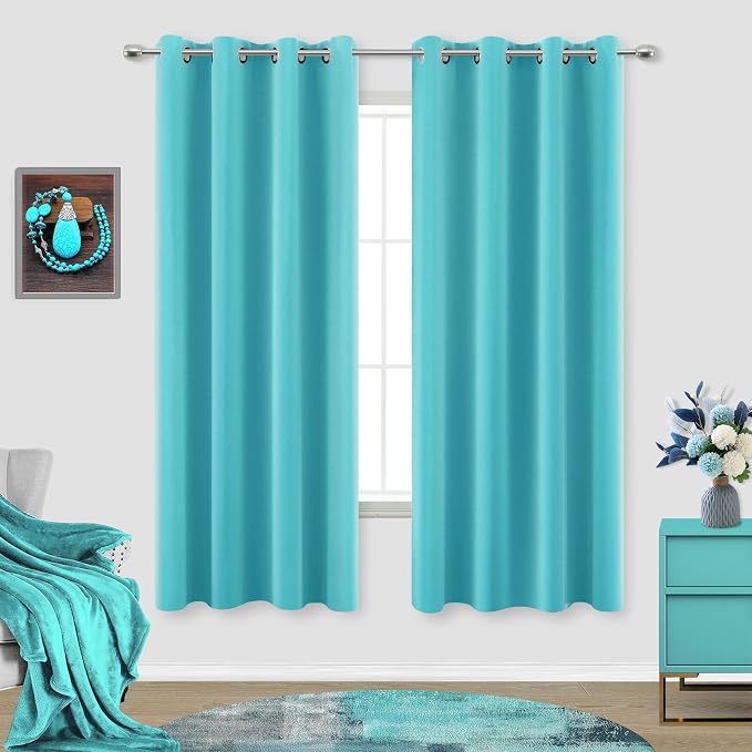 Turquoise Curtains 63 Inch Length for Bedroom 2 Panel Set Grommet Window Drapes Insulated Thermal Light Blocking Darkening Pastel Blackout Lightweight Curtains for Girl Kid Mermaid Nursery Living Room