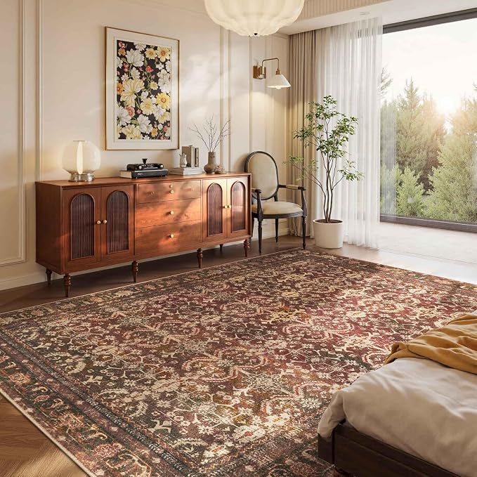Rugxara Red 6x9 Area Rugs Washable Rug for Living Room Dining Room Bedroom | Non Slip, Oriental Rug for Office Farmhouse Kids Room, Stain Resistant, Soft, Low Pile, Vintage Boho Floral Retro Carpet