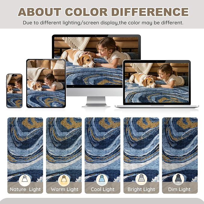 DMOYEST 7x9 Area Rug for Living Room - Washable Neutral Modern Abstract Rugs Soft Non-Slip Carpet Low Pile Indoor Floor Mat for Bedroom & Dining Room Decor for Families with Kids and Pets - Dark Blue